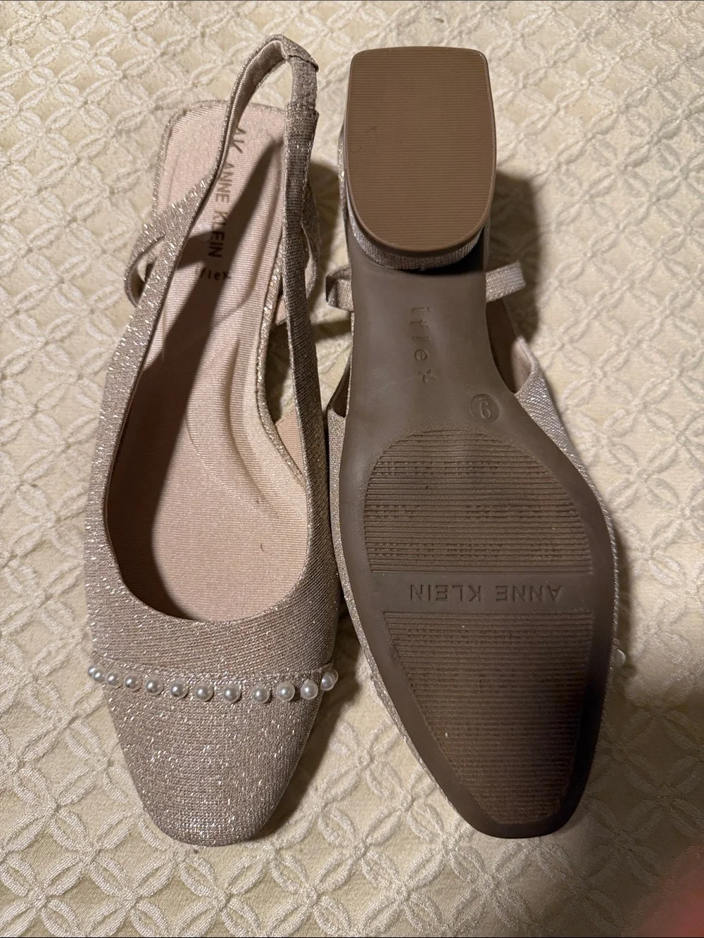 Anne Klein Champagne Glitter Slingback Flats with Pearl Trim